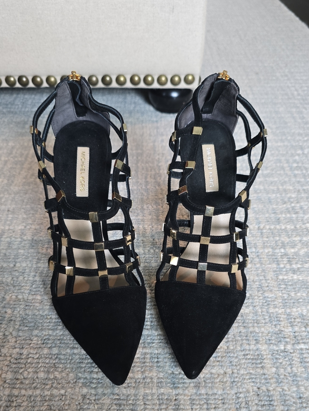 Michael Kors Black Suede Cage Heels with Gold Accents
